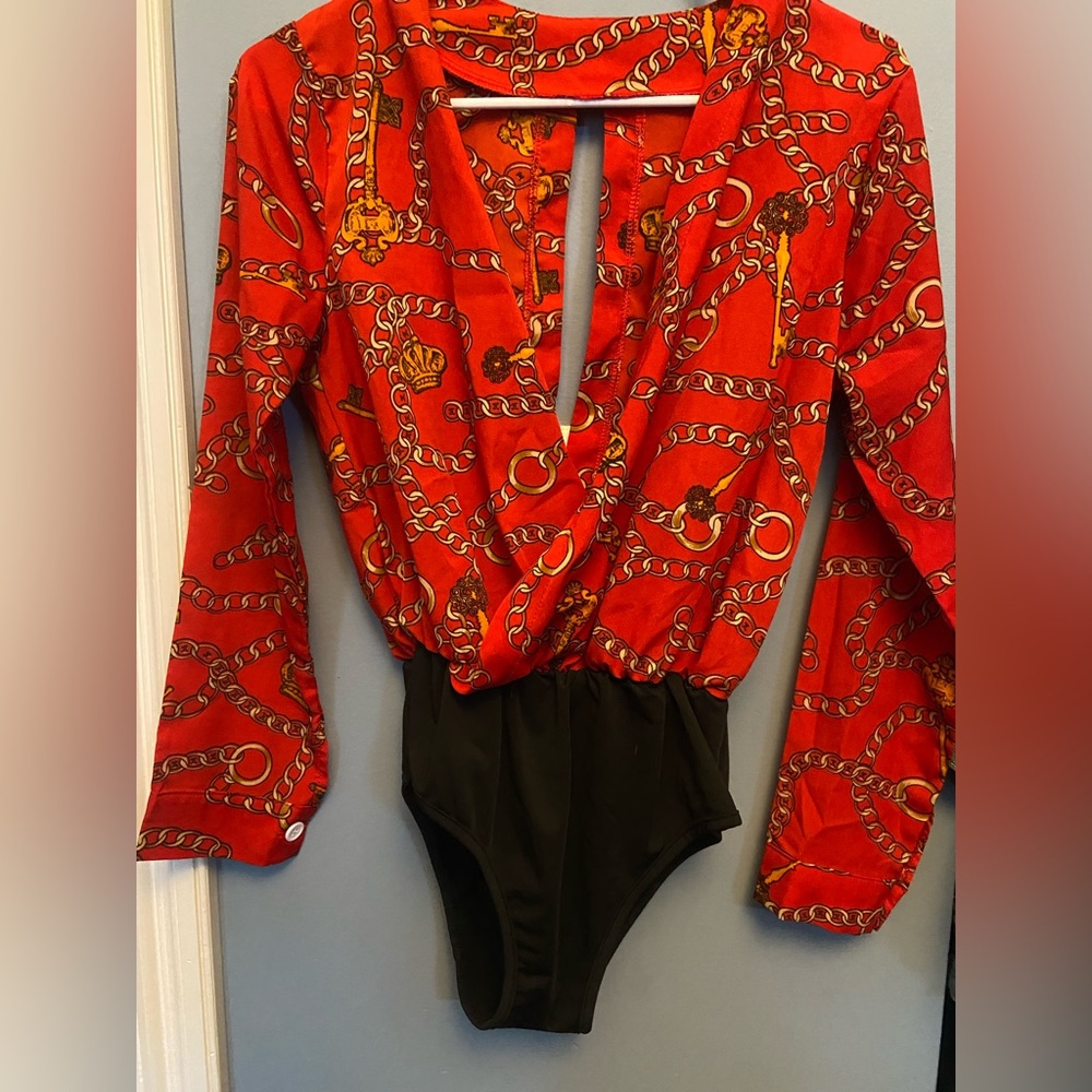Red Chain-Print Women's Bodysuit Top